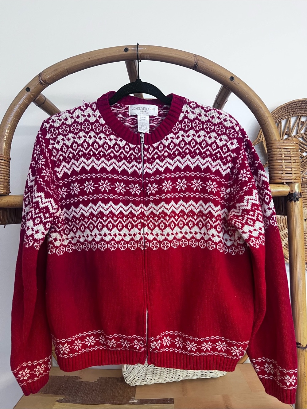 Jones New York Red and White Fair Isle Zip-Up Cardigan crop oversized holiday